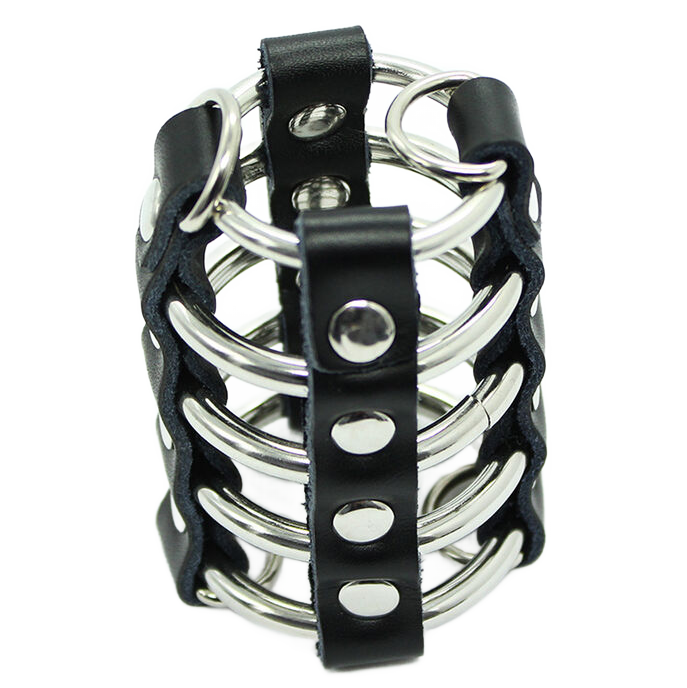 OHMAMA FETISH - CAGE PÉNIS AVEC ANNEAUX MÉTALLIQUES ET SANGLE EN CUIR OHMAMA FETISH