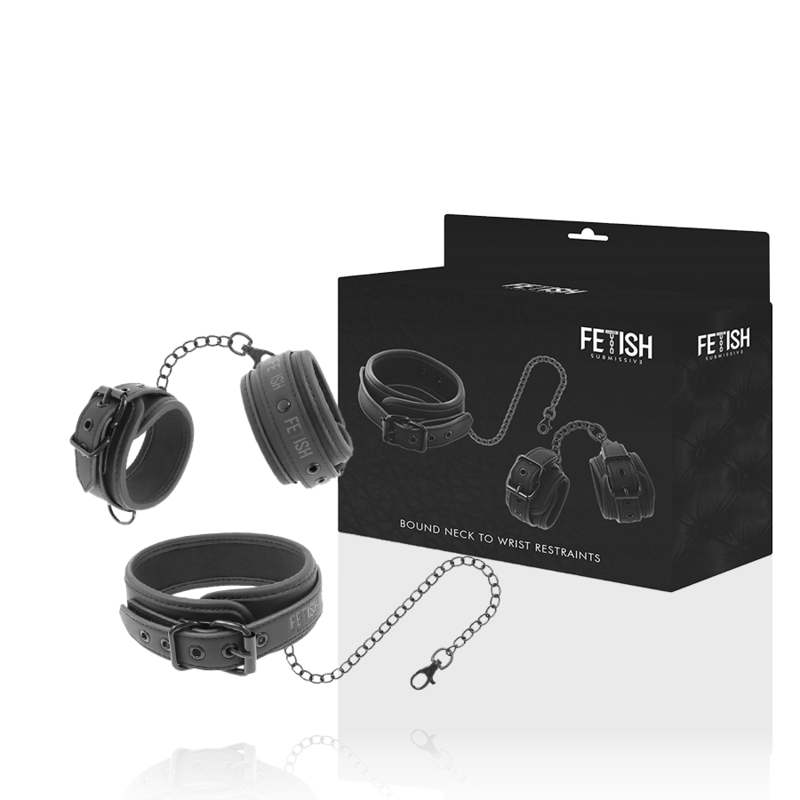 FETISH SUBMISSIVE - COLLIER ET MENOTTES EN CUIR VÉGAN AVEC DOUBLURE EN NOPRÈNE FETISH SUBMISSIVE BONDAGE