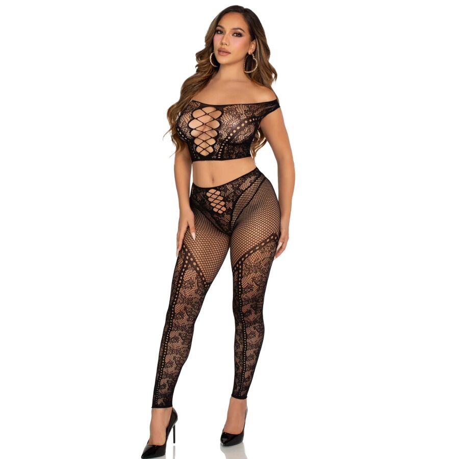 LEG AVENUE - CROP TOP ET LEGGING RÉSILLE ÉPAULES DÉNUDÉES NOIR LEG AVENUE SETS