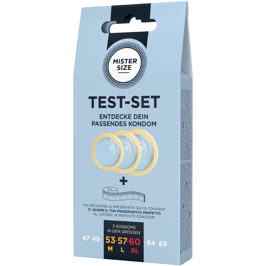 MISTER SIZE - KIT DE TEST : 3 PRÉSERVATIFS DE TAILLES DIFFÉRENTES + MÉLANGE À POINTS MISTER SIZE