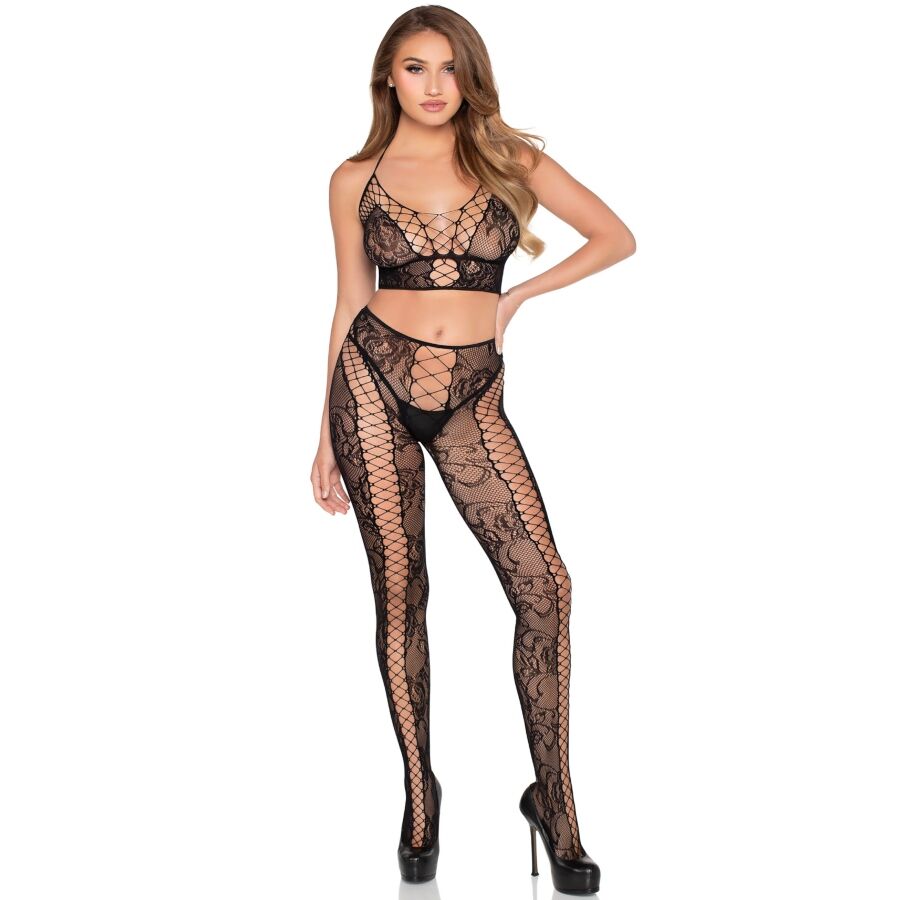 LEG AVENUE - 89368 ENSEMBLE CROP TOP ET COLLANTS NOIRS EN RÉSILLE ET DENTELLE - TAILLE UNIQUE LEG AVENUE SETS