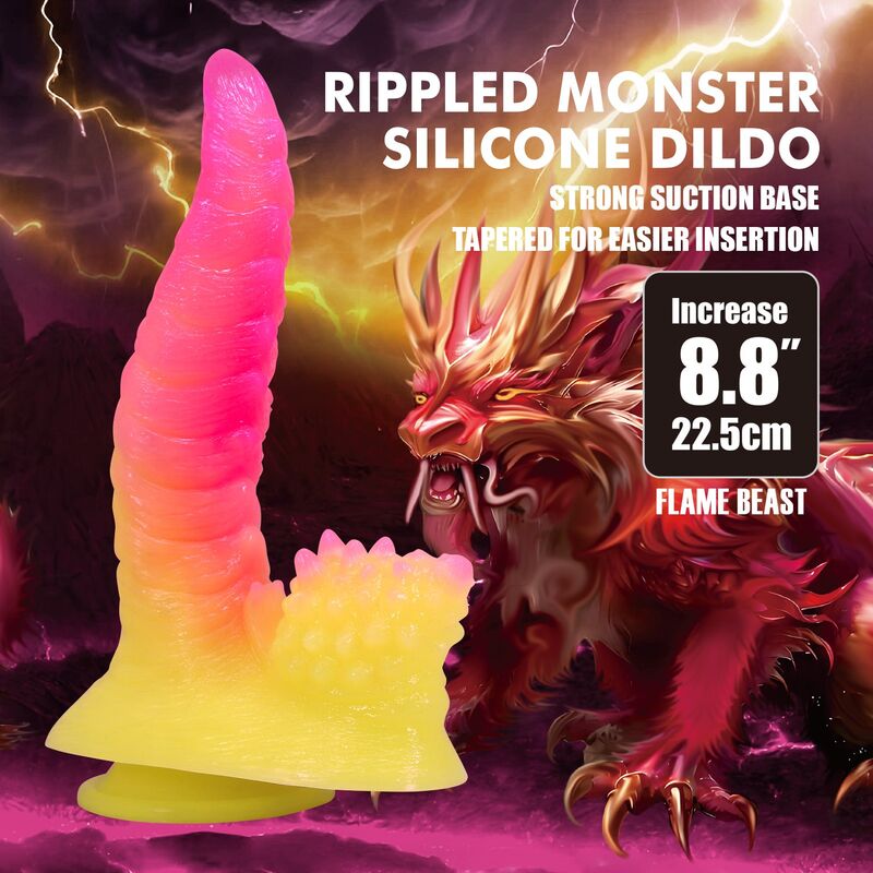 POWER MONSTERS - GODEMICHET MONSTRE ONDULÉ FANTASY AVEC VENTOUSE 22,5 CM Ø 5,5 CM ROSE ET JAUNE POWER MONSTERS