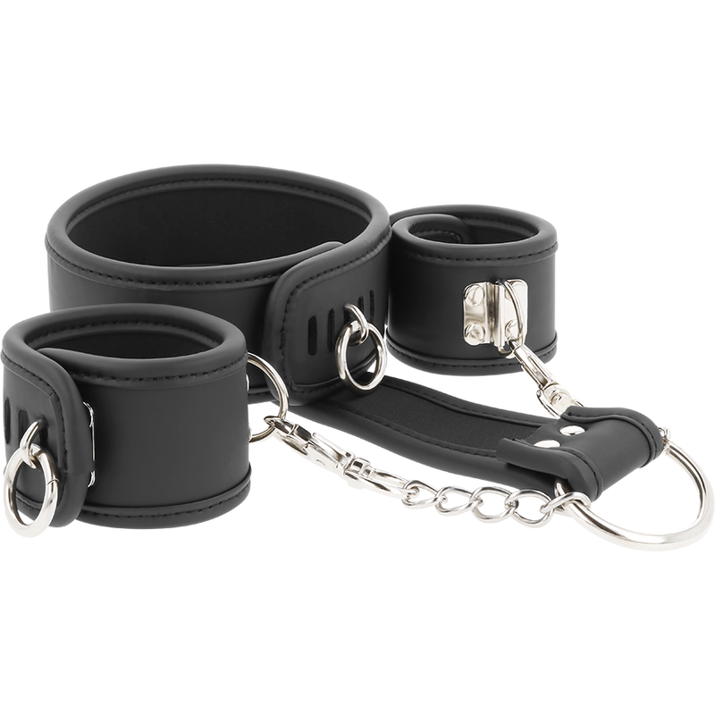 FETISH SUBMISSIVE - COLLIER ET MENOTTES EN CUIR VÉGAN AVEC DOUBLURE EN NOPRÈNE FETISH SUBMISSIVE BONDAGE