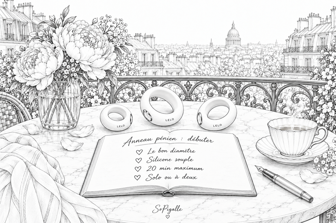Illustration éditoriale noir et blanc : trois anneaux en silicone et un carnet ouvert sur marbre, Panthéon en fond.