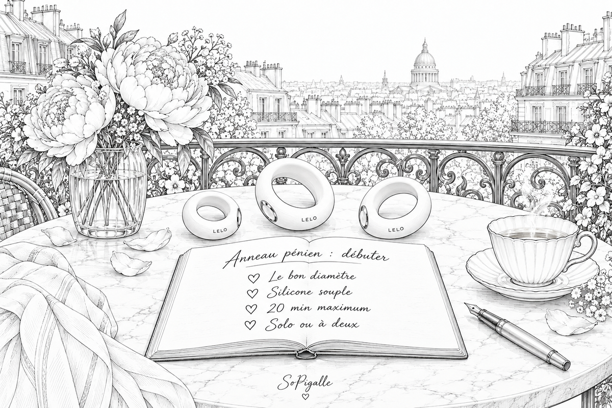 Illustration éditoriale noir et blanc : trois anneaux en silicone et un carnet ouvert sur marbre, Panthéon en fond.