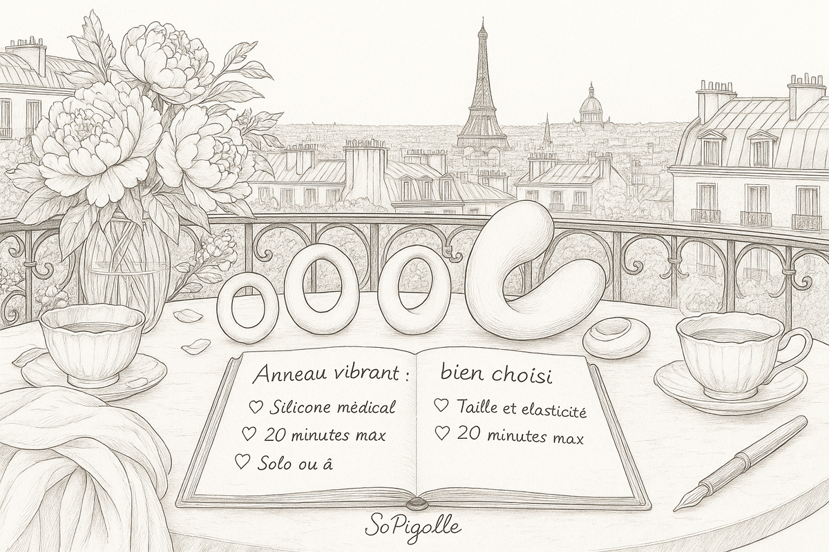 Illustration éditoriale noir et blanc : anneaux vibrants en silicone de tailles variées posés sur marbre, guide SoPigalle.