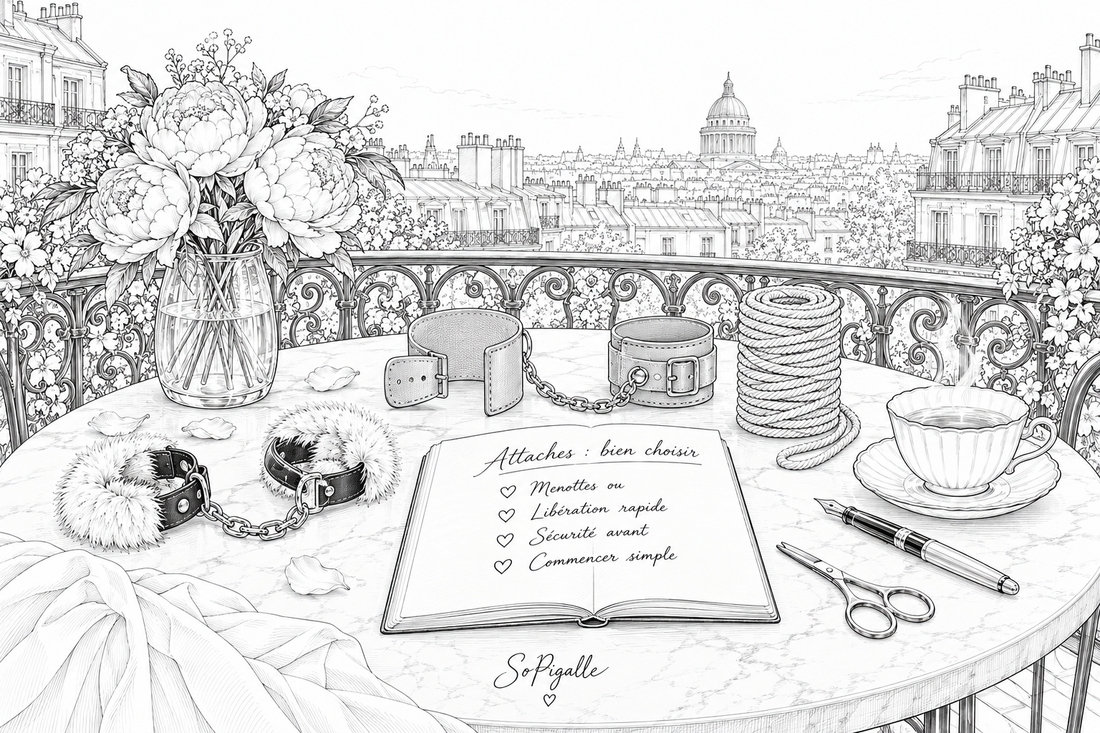 Illustration éditoriale noir et blanc : menottes à plumes, manchettes larges et rouleau de corde sur marbre, avec ciseaux de sécurité.