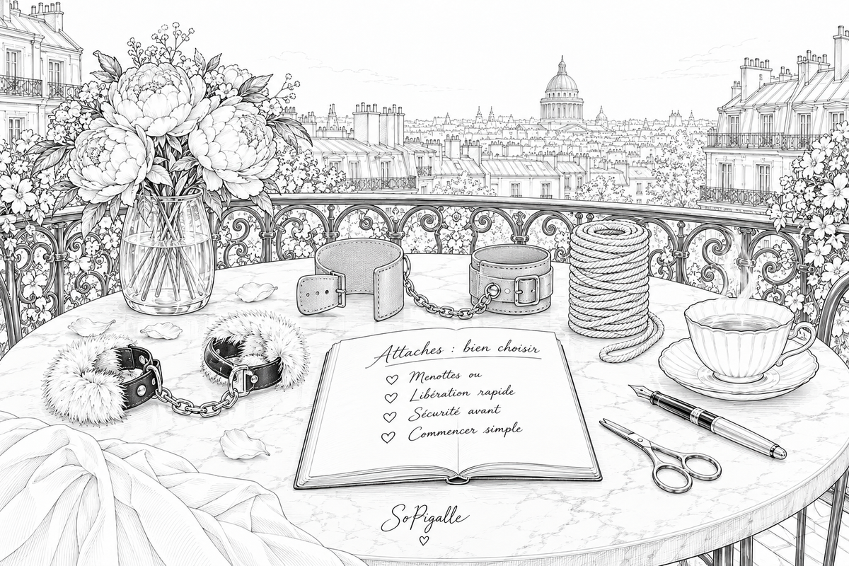 Illustration éditoriale noir et blanc : menottes à plumes, manchettes larges et rouleau de corde sur marbre, avec ciseaux de sécurité.