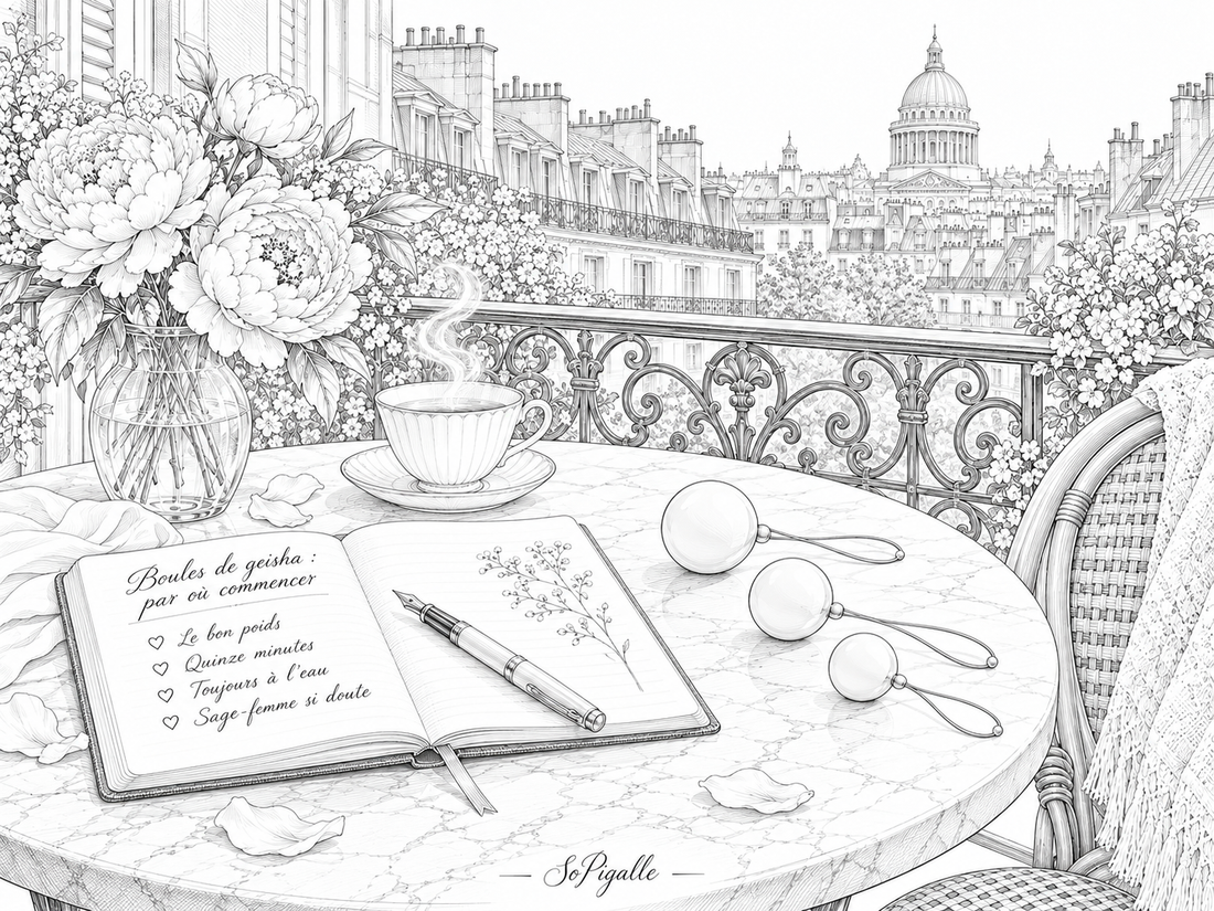 Illustration éditoriale noir et blanc : trois boules de geisha et un carnet « par où commencer » sur un balcon parisien.