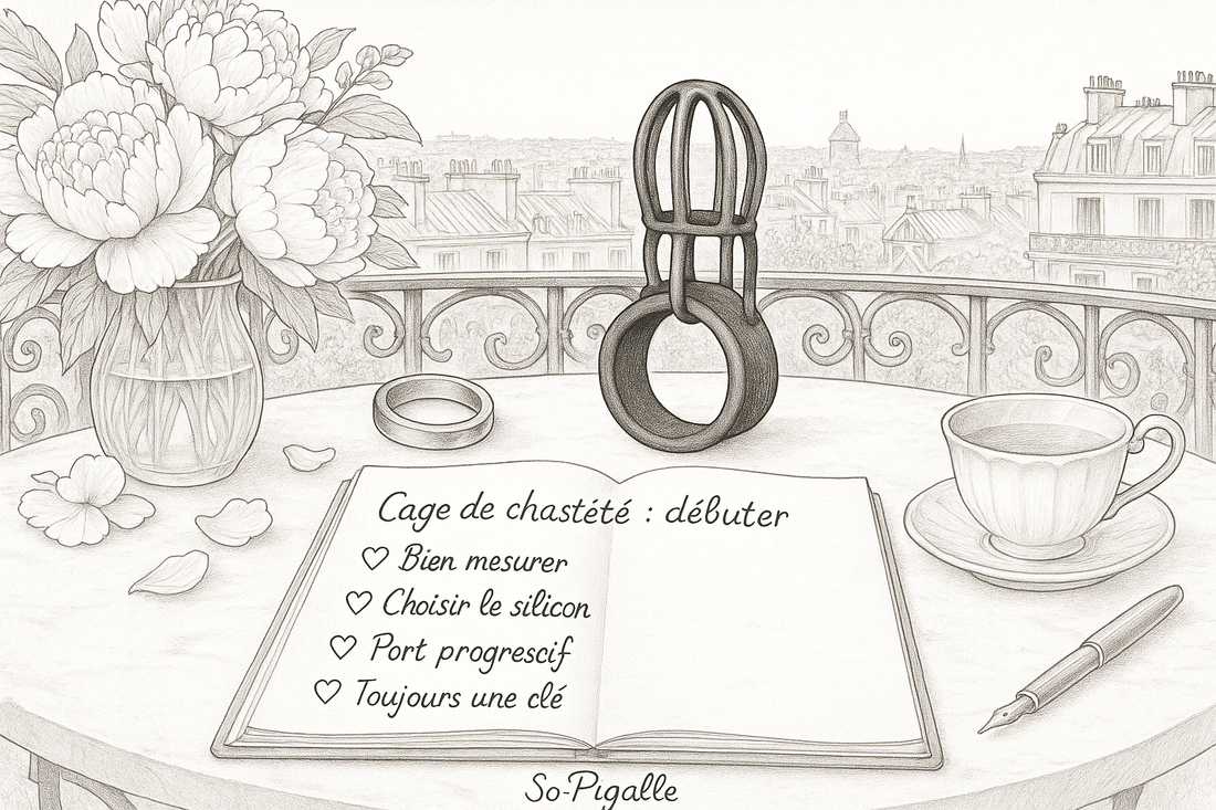 Illustration éditoriale noir et blanc : cage de chasteté en silicone, anneau et clé ancienne sur marbre, carnet ouvert, Moulin Rouge au loin.