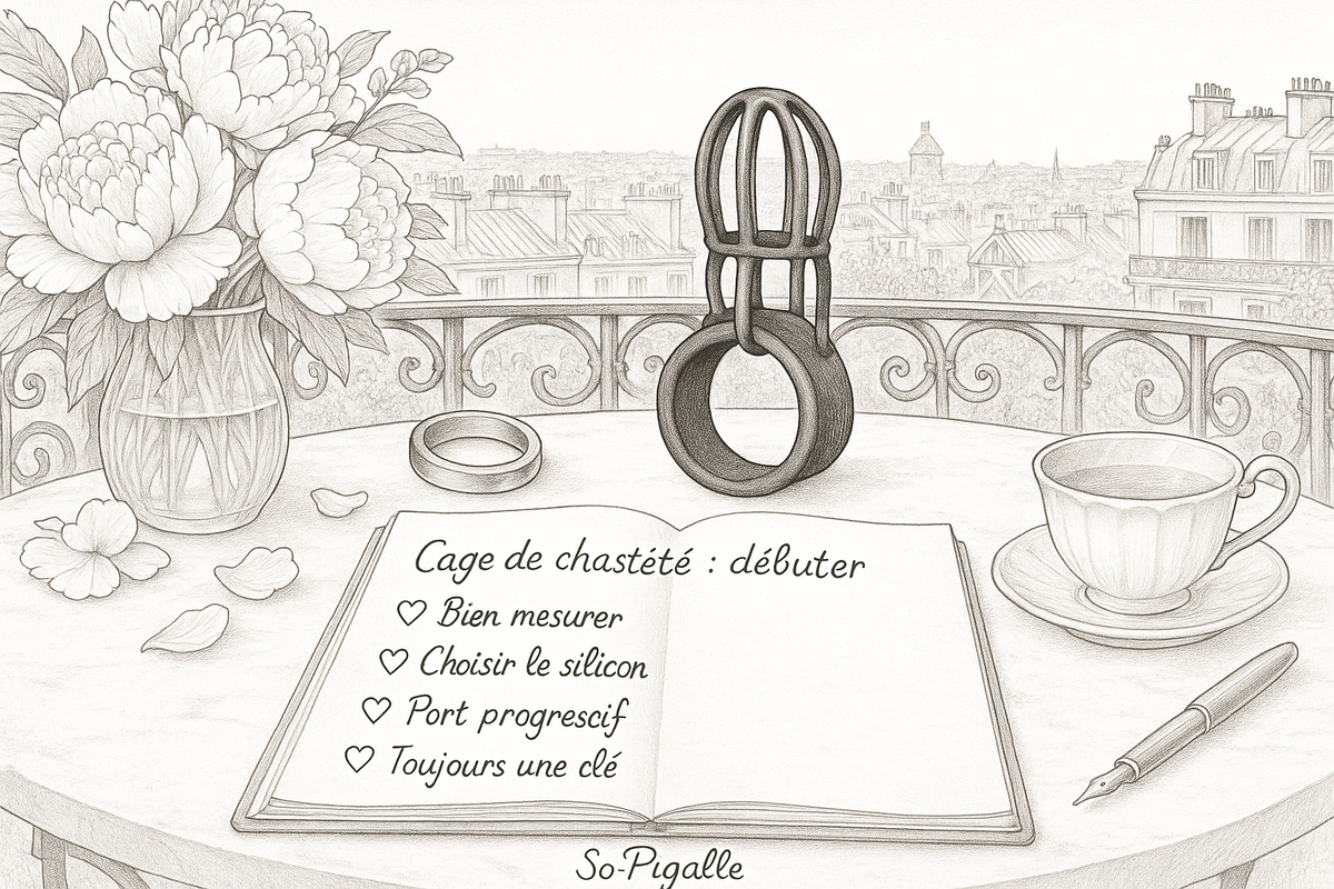 Illustration éditoriale noir et blanc : cage de chasteté en silicone, anneau et clé ancienne sur marbre, carnet ouvert, Moulin Rouge au loin.