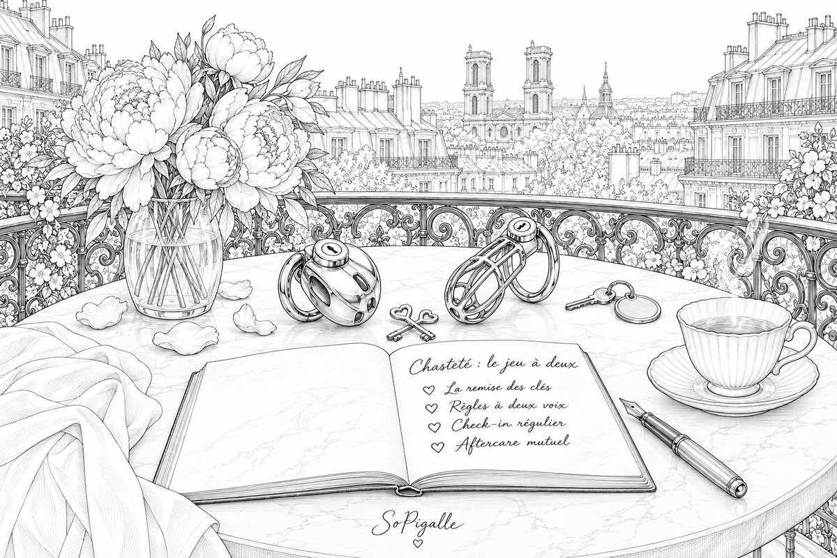 Illustration éditoriale noir et blanc : deux cages de chasteté et leurs clés posées sur une table en marbre, vue de dessus.