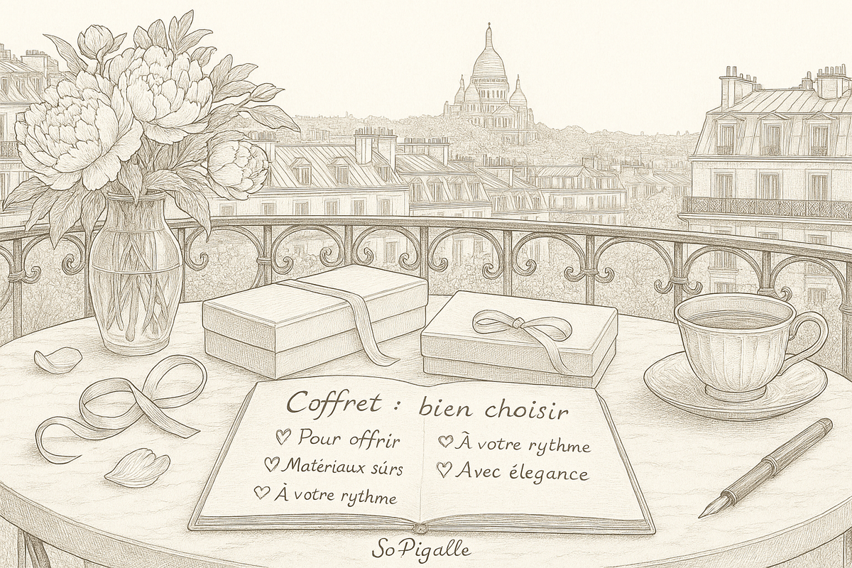Illustration éditoriale noir et blanc : deux coffrets sextoys Je Joue élégamment posés sur du marbre, Sacré-Cœur en fond.