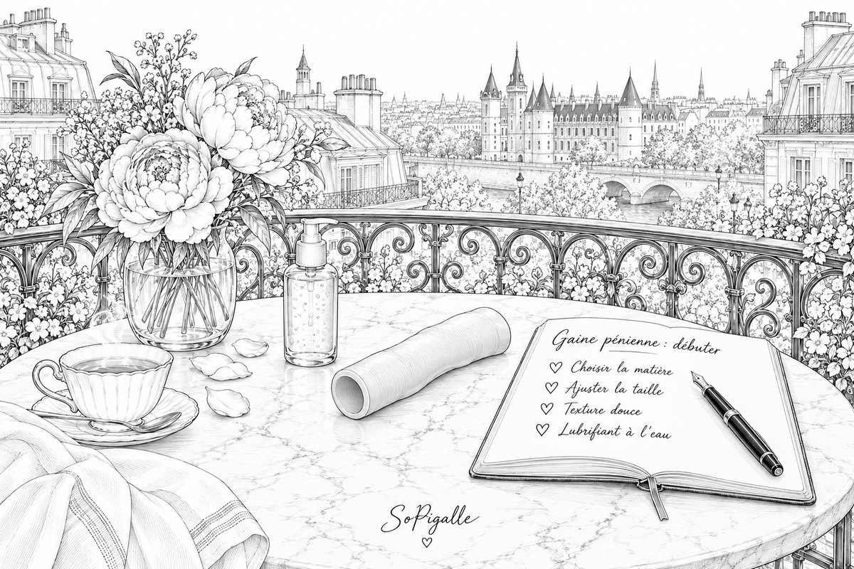 Illustration éditoriale noir et blanc : gaine pénienne souple, flacon de lubrifiant et carnet de notes sur marbre, Conciergerie en arrière-plan.