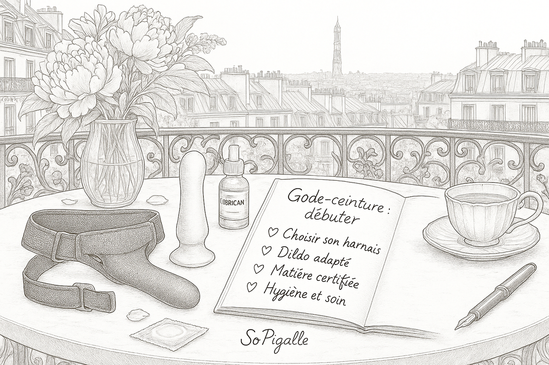 Illustration éditoriale noir et blanc : harnais mesh plié, dildo en silicone, lubrifiant et préservatif sur marbre blanc.