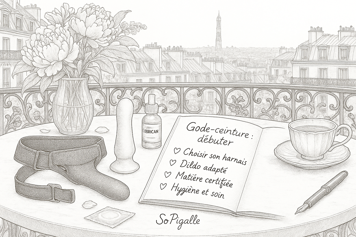 Illustration éditoriale noir et blanc : harnais mesh plié, dildo en silicone, lubrifiant et préservatif sur marbre blanc.