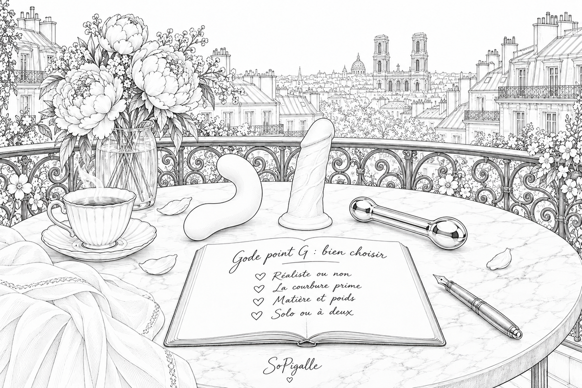 Illustration éditoriale noir et blanc : trois godes aux formes variées posés sur du marbre, guide comparatif point G SoPigalle.