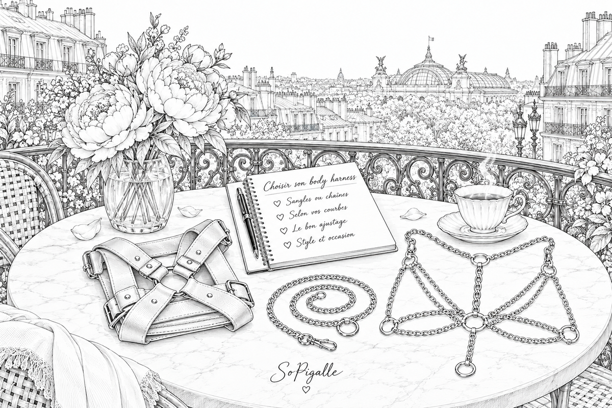 Illustration éditoriale noir et blanc : harnais à sangles, chaîne de taille et harnais à chaînes posés sur marbre, carnet de notes.