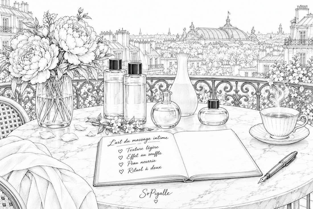 Illustration éditoriale noir et blanc : flacons d'huile de massage érotique disposés sur marbre, branche de jasmin, Grand Palais au loin.