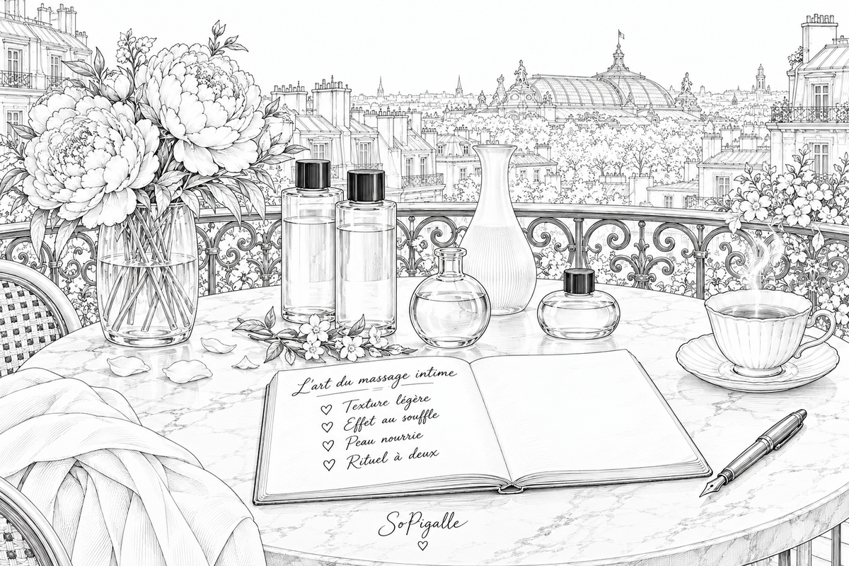 Illustration éditoriale noir et blanc : flacons d'huile de massage érotique disposés sur marbre, branche de jasmin, Grand Palais au loin.