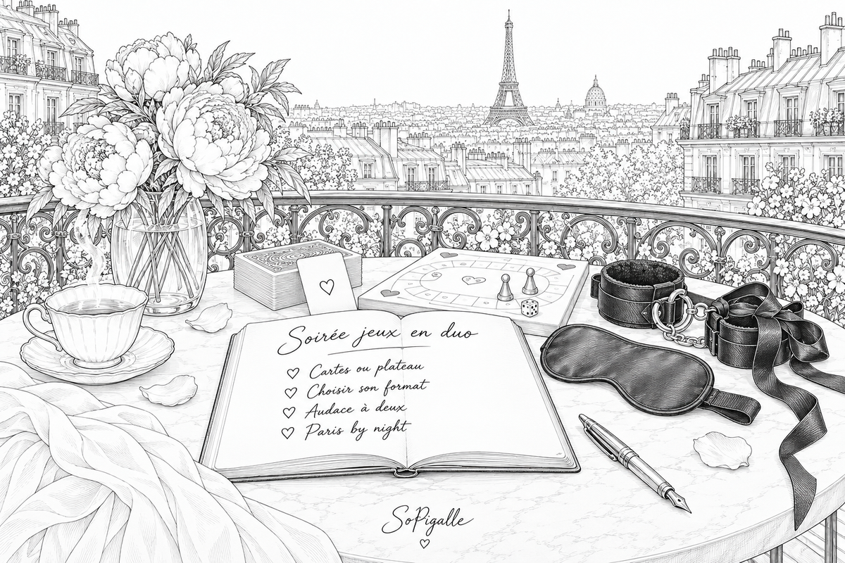 Jeux érotiques pour couple posés sur une table parisienne, tour Eiffel illuminée en arrière-plan