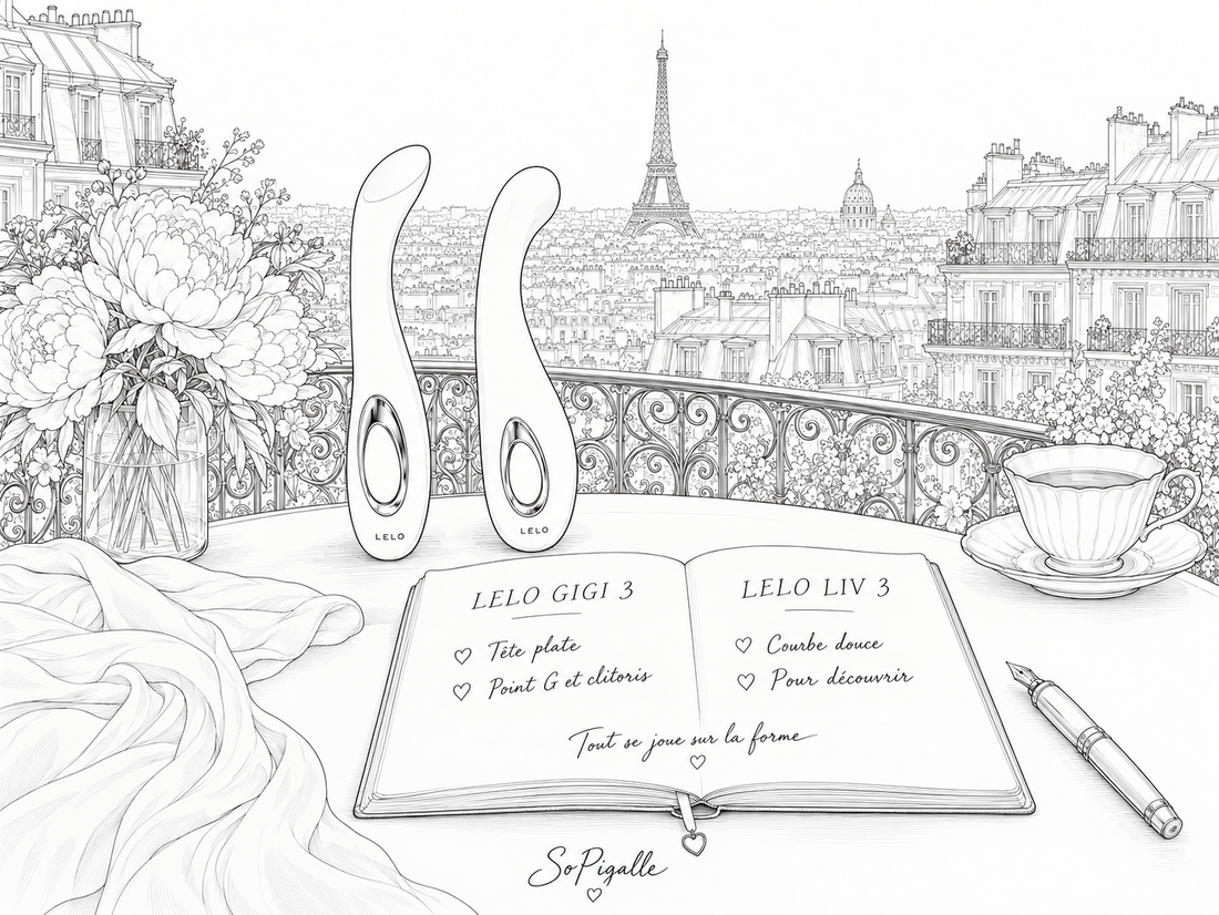 Illustration éditoriale noir et blanc : le LELO GIGI 3 et le LIV 3 posés sur un balcon parisien, avec un carnet comparant leurs formes de tête.