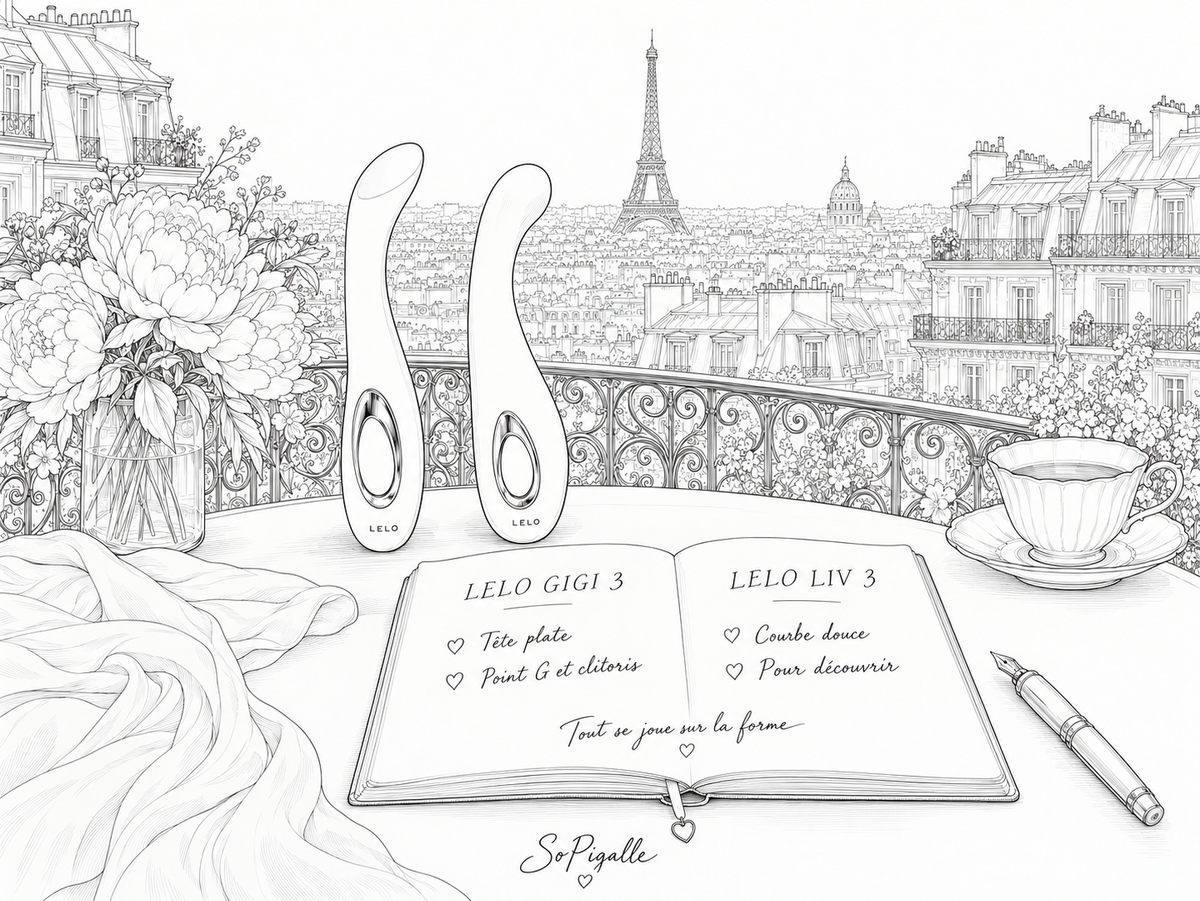 Illustration éditoriale noir et blanc : le LELO GIGI 3 et le LIV 3 posés sur un balcon parisien, avec un carnet comparant leurs formes de tête.