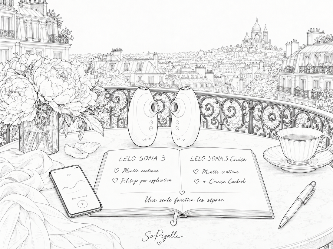 Illustration éditoriale noir et blanc : le LELO SONA 3 et le SONA 3 Cruise posés sur un balcon parisien, avec un carnet résumant la fonction qui les sépare, le Cruise Control.