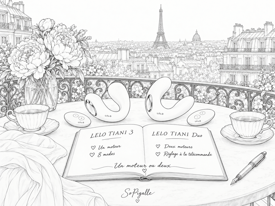 Illustration éditoriale noir et blanc : le LELO TIANI 3 et le TIANI Duo avec leurs télécommandes sur un balcon parisien, et un carnet « Un moteur ou deux ».
