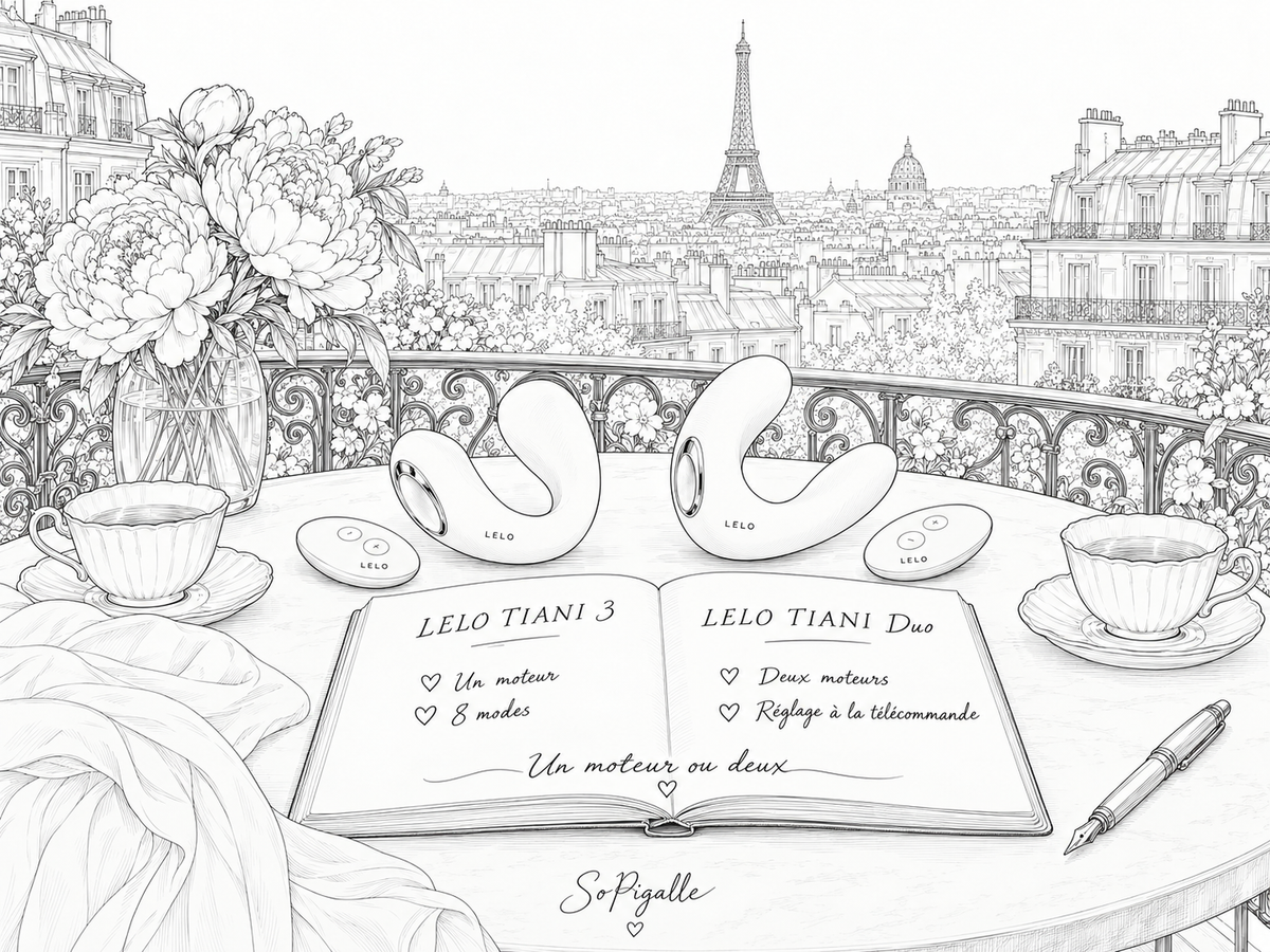 Illustration éditoriale noir et blanc : le LELO TIANI 3 et le TIANI Duo avec leurs télécommandes sur un balcon parisien, et un carnet « Un moteur ou deux ».