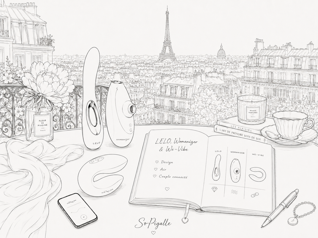 Illustration éditoriale noir et blanc comparant LELO, Womanizer et We-Vibe dans l’univers élégant de SoPigalle.