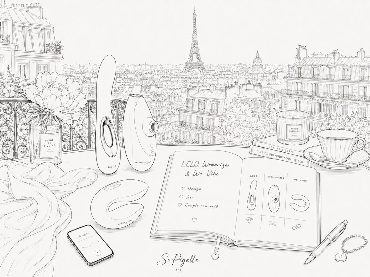 Illustration éditoriale noir et blanc comparant LELO, Womanizer et We-Vibe dans l’univers élégant de SoPigalle.