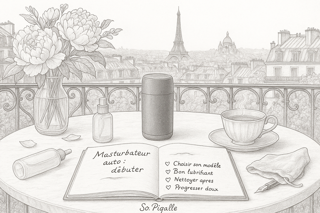 Illustration éditoriale noir et blanc : masturbateur automatique, flacon de lubrifiant et pochette de rangement sur marbre, Sacré-Cœur en fond.
