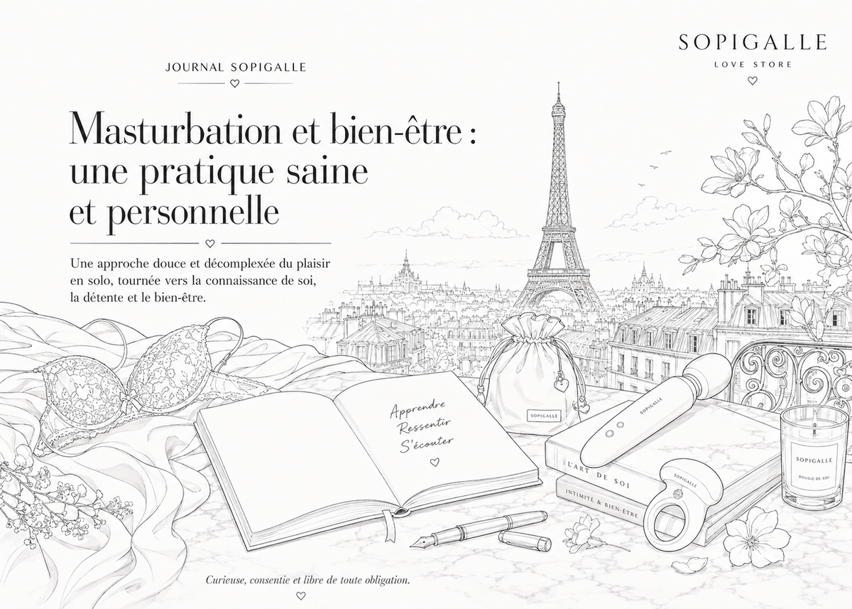 Masturbation et bien-être, illustration SoPigalle en noir et blanc