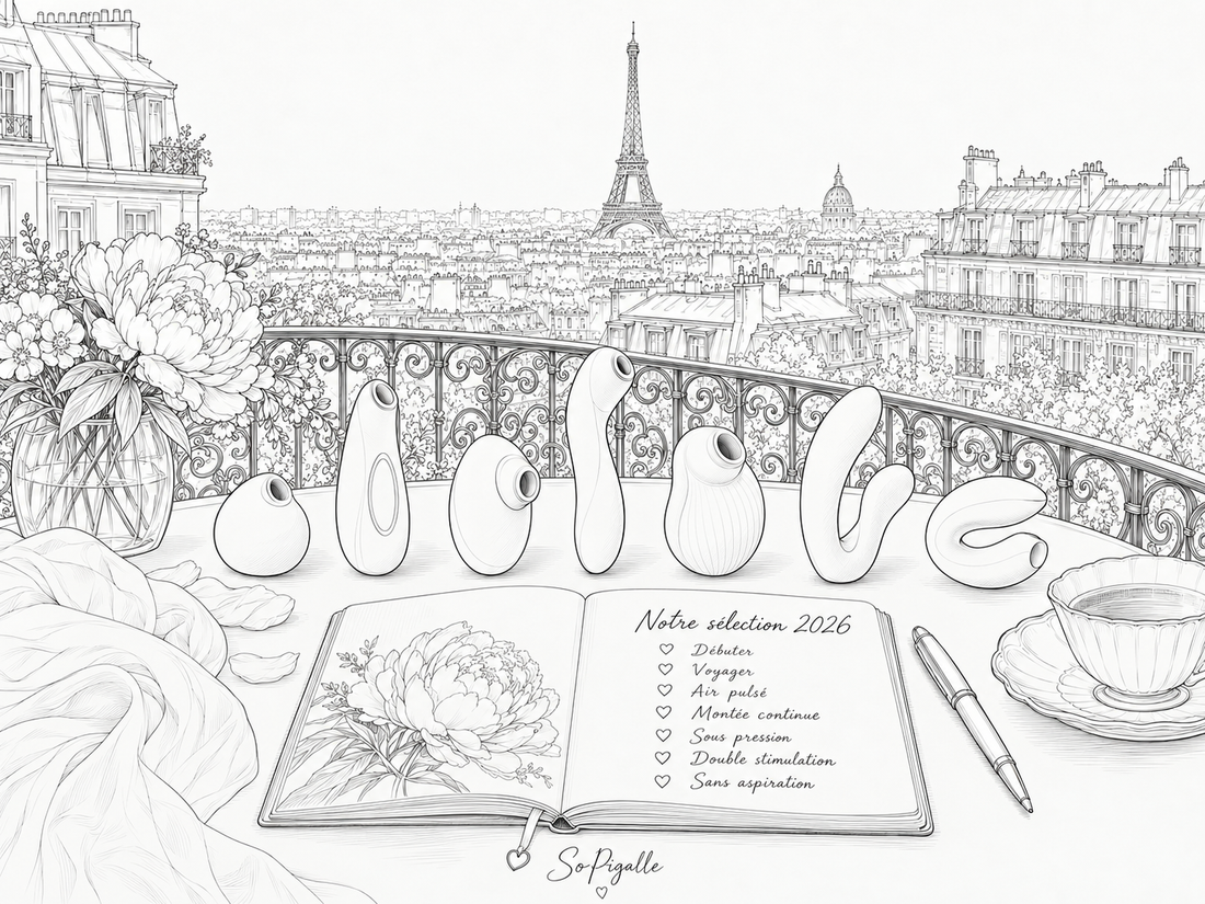 Illustration éditoriale noir et blanc : sept stimulateurs clitoridiens alignés sur un balcon parisien face à la tour Eiffel, avec un carnet listant la sélection 2026 par usage.