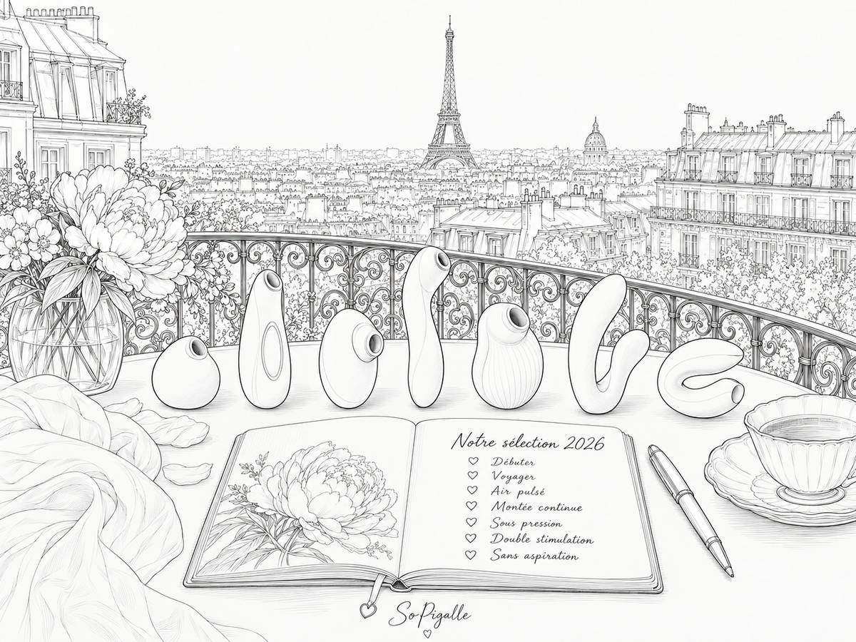 Illustration éditoriale noir et blanc : sept stimulateurs clitoridiens alignés sur un balcon parisien face à la tour Eiffel, avec un carnet listant la sélection 2026 par usage.