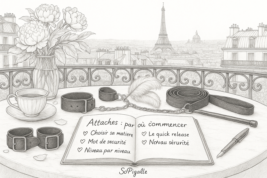 Illustration éditoriale noir et blanc : manchettes, menottes à chaîne et barre d'écartement posées sur du marbre.