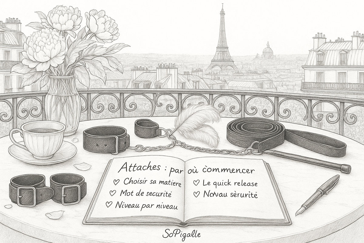 Illustration éditoriale noir et blanc : manchettes, menottes à chaîne et barre d'écartement posées sur du marbre.