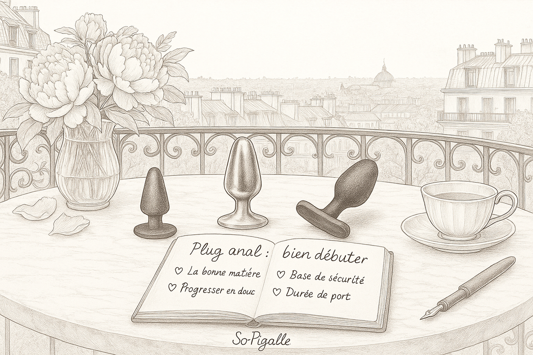 Illustration éditoriale noir et blanc : trois plugs anaux de tailles croissantes sur marbre, carnet ouvert et stylo plume, lumière latérale douce.