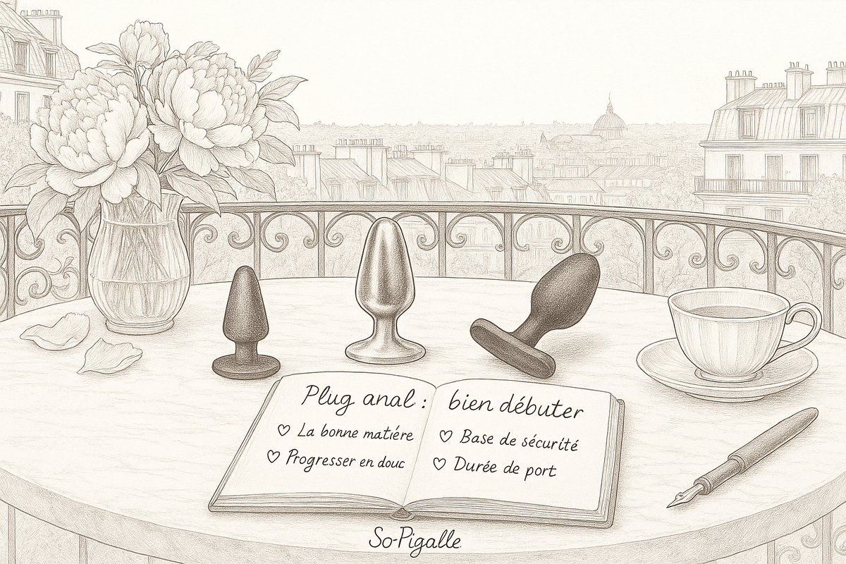 Illustration éditoriale noir et blanc : trois plugs anaux de tailles croissantes sur marbre, carnet ouvert et stylo plume, lumière latérale douce.