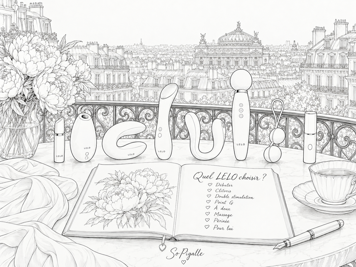 Illustration éditoriale noir et blanc : huit objets LELO alignés sur un balcon parisien face à l'Opéra Garnier, avec un carnet « Quel LELO choisir ? » listant les usages.