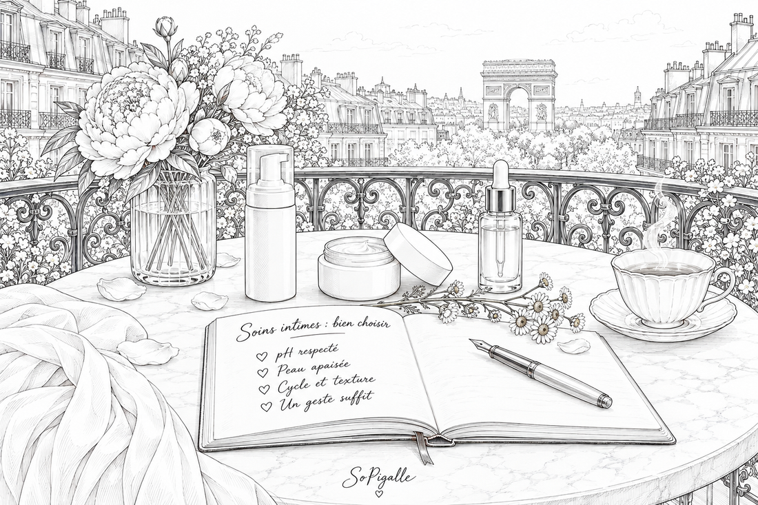 Illustration éditoriale noir et blanc : trois soins intimes féminins — mousse, baume et sérum — disposés sur marbre avec une fleur de camomille.