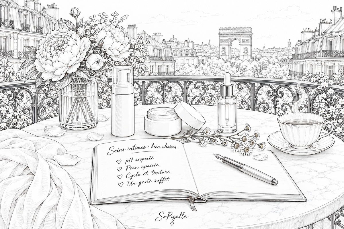 Illustration éditoriale noir et blanc : trois soins intimes féminins — mousse, baume et sérum — disposés sur marbre avec une fleur de camomille.