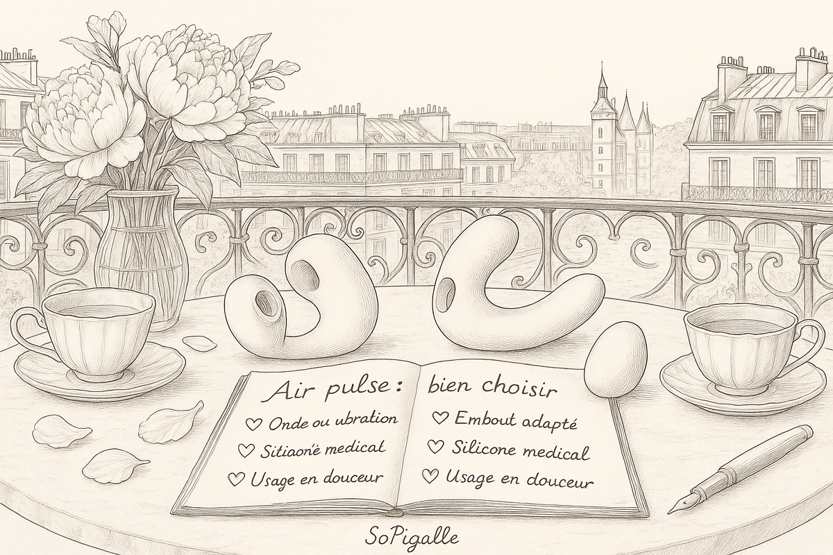 Illustration éditoriale noir et blanc : stimulateurs clitoridiens air pulse sur marbre, carnet de notes, Conciergerie en fond.