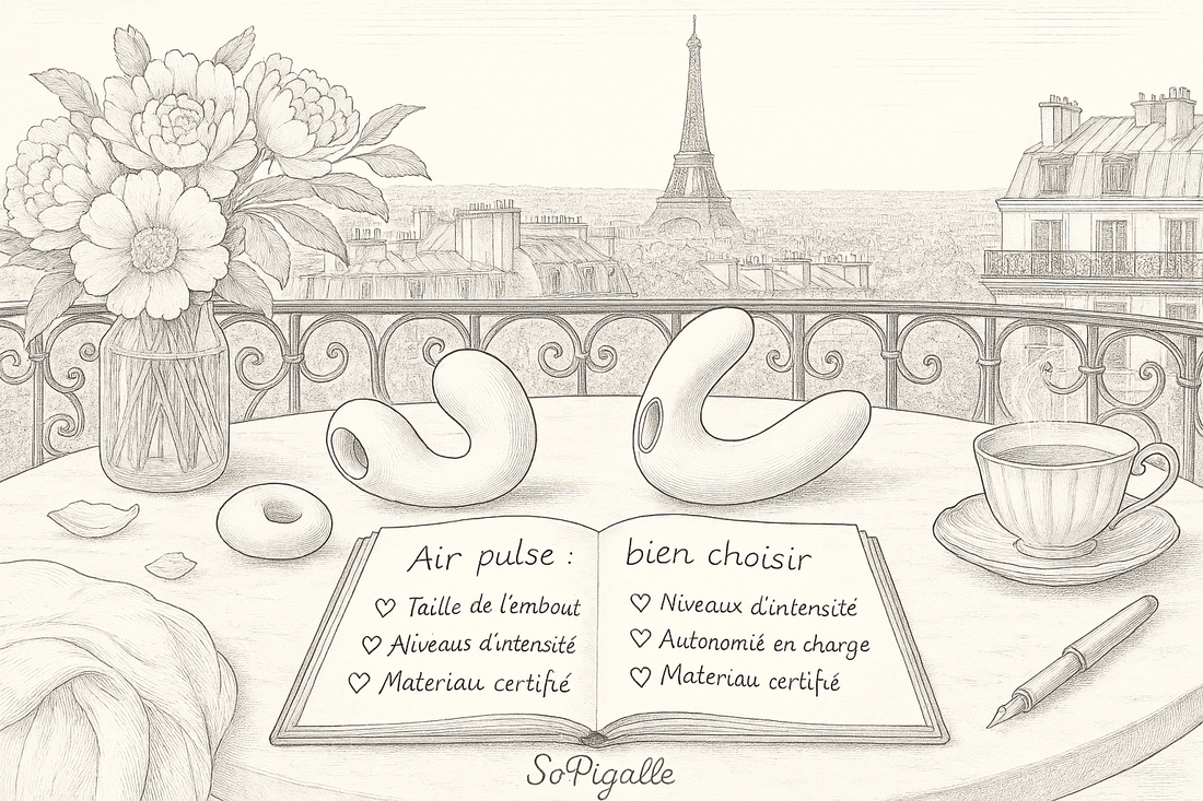Illustration éditoriale noir et blanc : trois stimulateurs air pulse sur marbre, carnet et tour Eiffel en arrière-plan.