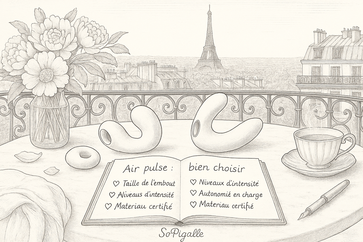 Illustration éditoriale noir et blanc : trois stimulateurs air pulse sur marbre, carnet et tour Eiffel en arrière-plan.