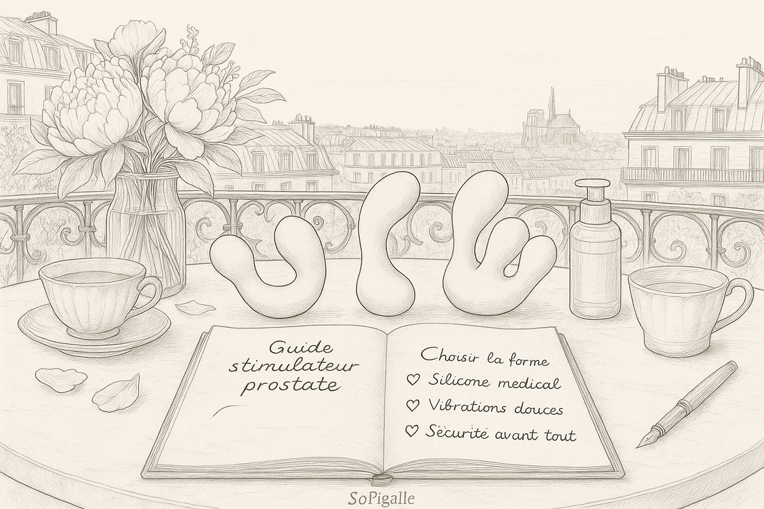 Illustration éditoriale noir et blanc : trois masseurs prostatiques en silicone sur marbre, carnet de notes et Notre-Dame en fond.