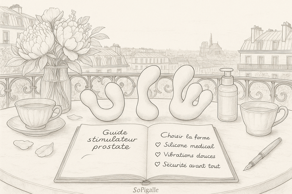 Illustration éditoriale noir et blanc : trois masseurs prostatiques en silicone sur marbre, carnet de notes et Notre-Dame en fond.