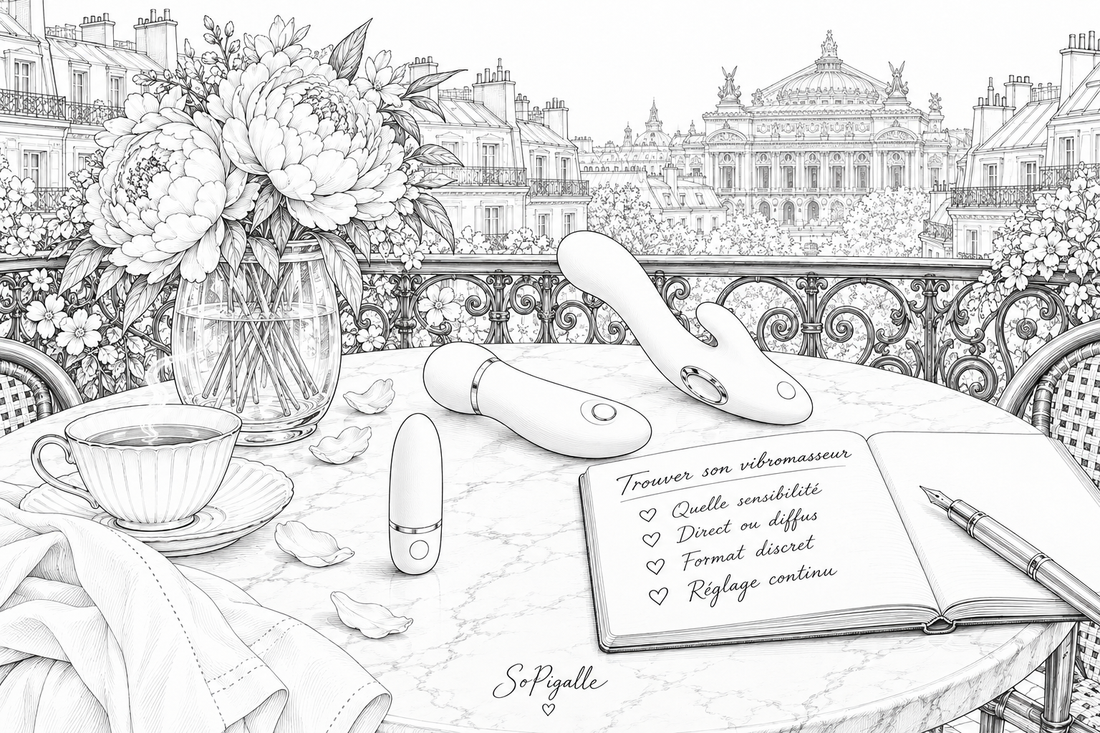 Illustration éditoriale noir et blanc : trois vibromasseurs clitoridiens de formats variés sur marbre, Opéra Garnier en arrière-plan flou.