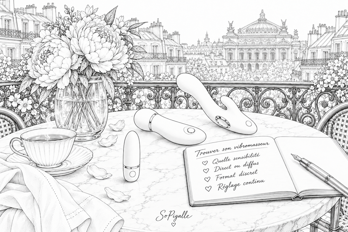 Illustration éditoriale noir et blanc : trois vibromasseurs clitoridiens de formats variés sur marbre, Opéra Garnier en arrière-plan flou.